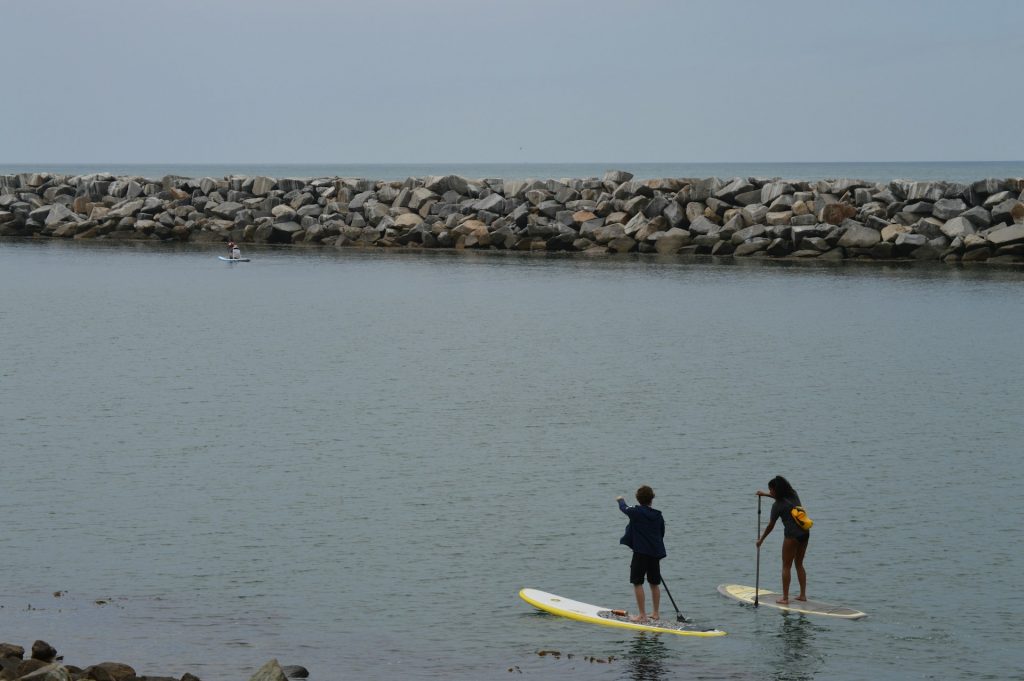 man-and-woman-in-black-wet-suit-riding-yellow-surfboard